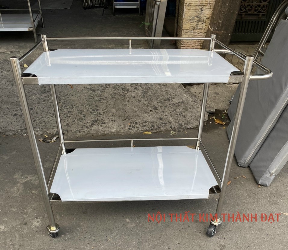 Xe đẩy inox 2 tầng có tay đẩy